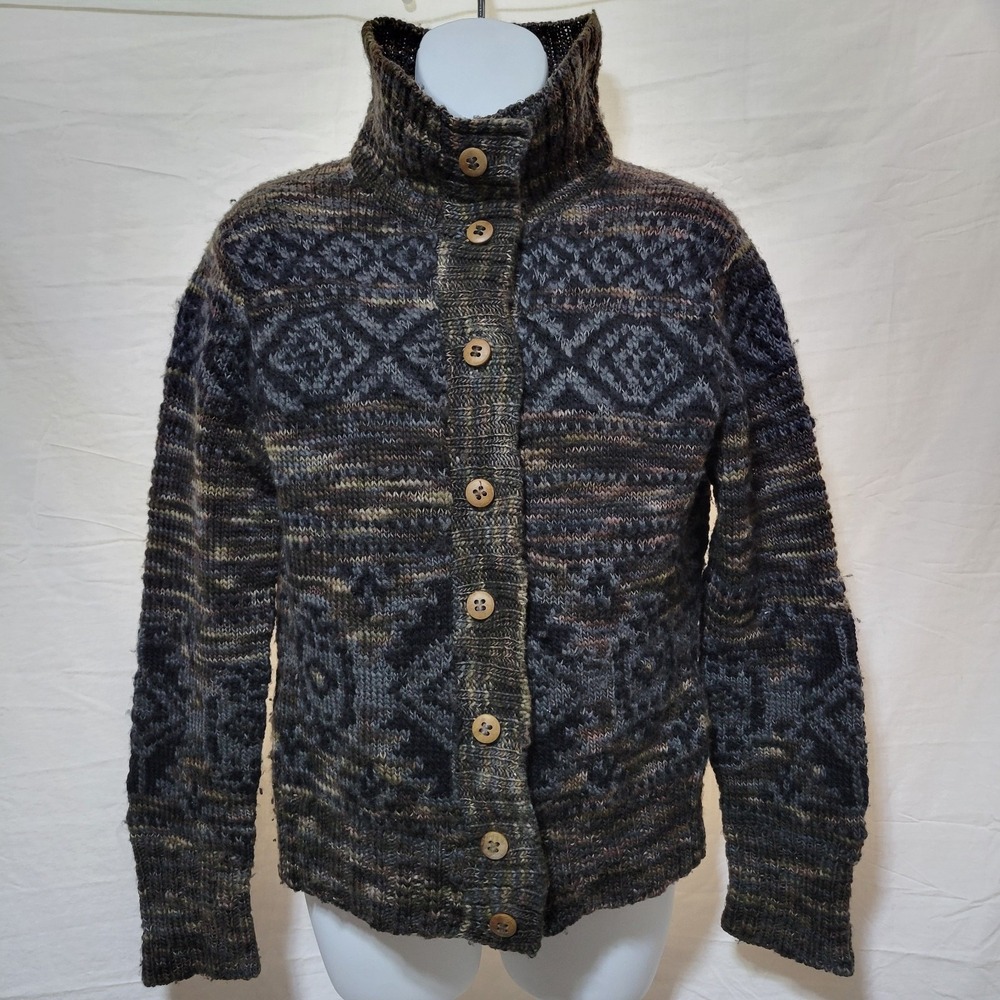 Peruvian Connection Brown Blue Aztec Wool Cardigan Sweater Women's Size M